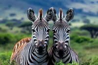 Two zebras standing close together in African savanna, showing detailed stripes and facial features against green landscape background. Wildlife photography for nature magazines.