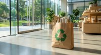 Eco-friendly paper shopping bags with recycling symbols in modern glass building lobby with natural light and green plants for sustainable retail.