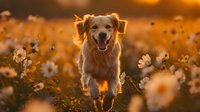 Happy golden retriever running through blooming daisy field at sunset, backlit by warm orange sunlight, creating magical summer atmosphere.