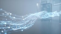 Abstract digital data stream with flowing particles and light effects in modern tech environment for business presentations.