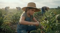 Young girl in overalls and hat working in vegetable garden field during golden hour sunset with farmers harvesting crops in background for agriculture.
