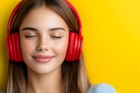 Young Caucasian woman with closed eyes and gentle smile wearing red wireless headphones against vibrant yellow background, expressing joy while listening to music.