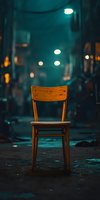 Wooden chair standing alone on dark street with moody teal lighting and bokeh effect from street lamps, creating atmospheric night scene with vintage aesthetic.