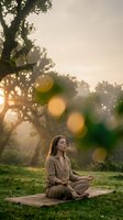 Young Caucasian woman practicing meditation in lotus position on yoga mat outdoors during golden hour sunset with soft bokeh light effects and peaceful nature.
