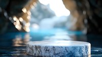 Minimalist marble product display podium on reflective water surface with dreamy bokeh lights and mystical cave atmosphere creates luxurious presentation space.