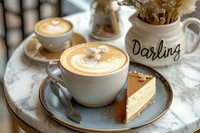 Creamy cappuccino with heart latte art and cheesecake slice served on marble table at cozy cafe, ceramic mug with dried flowers in background.