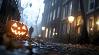 Glowing jack-o'-lantern on cobblestone street at dusk, with autumn leaves scattered along foggy historic buildings and warm streetlights creating eerie atmosphere.