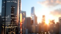 Modern cityscape at sunset with glowing skyscrapers and office buildings creating dramatic silhouettes against orange sky, defocused bokeh lights add atmospheric depth.