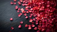 Red heart shaped confetti scattered on dark slate background, romantic holiday decoration for valentines day celebration and love themed events.