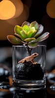 Small gecko sitting on dark soil in glass terrarium with green succulent plant and warm bokeh lights creating cozy atmosphere for reptile habitat decoration.