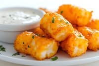Crispy breaded cheese sticks with melted cheddar coating served on white plate with creamy ranch dipping sauce and fresh herbs garnish for appetizer menu.