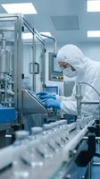 Scientist in sterile white protective suit and blue gloves inspecting pharmaceutical products on assembly line in modern laboratory facility with advanced equipment.