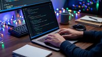 Software developer coding on laptop with colorful bokeh lights creating festive programming workspace atmosphere for tech projects and development work.