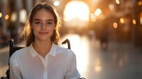 Young professional woman in white shirt smiling confidently at sunset with warm bokeh lights creating atmospheric business portrait for corporate use.