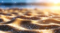 Abstract golden waves with glowing particles and sparkles creating dynamic flowing landscape against dark background with light effects and bokeh.