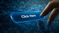 Glowing blue digital button with finger pointing on dark background with technology pattern, representing online interaction and web navigation.
