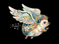 Cute flying hedgehog with floral wings in watercolor style, isolated on transparent background, ready for stickers, t-shirt design, print on demand, and clipart use.
