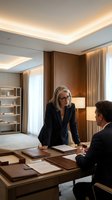 Middle-aged woman with gray hair and glasses wearing dark blazer discusses documents with male colleague in modern office with warm lighting and wood accents.