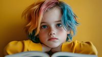 Young child with vibrant rainbow colored hair wearing yellow sweater against warm golden background. Colorful portrait for creative projects and designs.