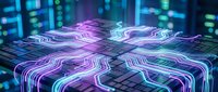 Futuristic circuit board with glowing purple and blue neon pathways against dark tech background for digital innovation and cybersecurity concepts.