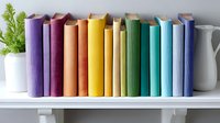 Colorful hardcover books arranged in rainbow spectrum order on white shelf with decorative plant and ceramic pitcher, creating modern minimalist home decor display.