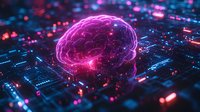 Glowing pink brain hologram floating over digital circuit board with neon lights and bokeh effects, representing artificial intelligence and neural networks.