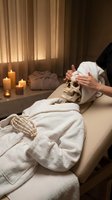 Tarot reader or fortune teller with pale skin holding human skull over skeleton wrapped in white linen cloth on table with lit candles and curtains, mystical divination session.