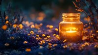 Glowing mason jar with burning candle among purple wildflowers at dusk creates magical atmosphere in garden. Romantic outdoor lighting scene with bokeh effect.