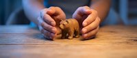 Hands protecting wooden elephant figurine on table symbolizing wildlife conservation, animal protection, insurance coverage and environmental care concept.
