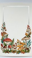 Watercolor autumn mushroom border frame with ferns, acorns, and fall leaves, featuring a silver rectangle and copy space for text.