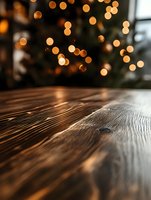 Rustic wooden table surface with blurred golden bokeh lights in background creating magical holiday atmosphere. Empty space for product display.