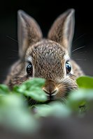 Close-up portrait of curious brown rabbit peeking through green leaves, with focused view on expressive eyes and nose, creating engaging wildlife composition.