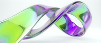 Abstract flowing ribbon with vibrant purple and green gradient colors creating dynamic wave motion on white background for modern design projects.