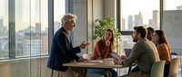 Mature male executive with gray hair and light skin, wearing dark business suit, leads meeting with diverse team of young professionals in modern high-rise office with city skyline view through floor-to-ceiling windows.