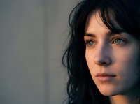 Young brunette woman with striking blue eyes and natural makeup in soft dramatic lighting portrait for emotional storytelling and lifestyle content.