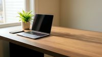 Laptop computer on wooden desk with potted plant and window light, workspace setup for remote work or business office environment.