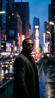 African American male wearing sunglasses and dark coat stands in neon-lit urban street at dusk. Vibrant city lights and tall buildings create moody nighttime atmosphere. Perfect for lifestyle, fashion, and urban concept projects.