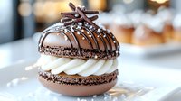 Chocolate macaron with vanilla cream filling and chocolate drizzle on top, served on white plate against blurred restaurant background. Elegant French pastry.