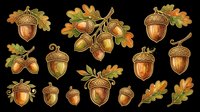 Acorns and oak leaves in autumn colors, isolated on transparent background. Ready for t-shirt design, clipart, stickers, sublimation, and print-on-demand products.