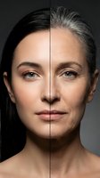 Split face comparison showing aging process from young to mature woman with wrinkles and gray hair transformation for skincare and anti-aging concepts.