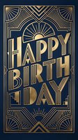 Art deco style happy birthday greeting card with gold lettering and geometric patterns on dark navy background, suitable for celebrations and party invitations.