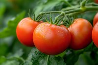 Fresh ripe red tomatoes growing on vine with water drops, green leaves in background. Close-up macro shot showing natural organic produce in garden.