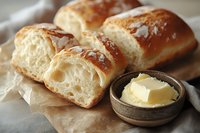 Fresh baked crusty bread rolls with flaky golden crust served with butter pat in rustic ceramic bowl on parchment paper, close up view of homemade bakery.