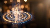 Glowing human hologram figure surrounded by golden and blue energy rings on dark bokeh background, futuristic digital technology concept.
