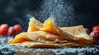 Thin golden crepes dusted with powdered sugar and fresh orange slices on dark background. Homemade breakfast pancakes with citrus fruit and flour powder.