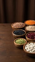 Assorted legumes and beans in wooden bowls on rustic table including lentils, chickpeas, kidney beans, black beans and split peas for healthy cooking.
