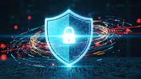 Cybersecurity shield with padlock icon protecting against digital threats and malware attacks in futuristic network environment for business security.