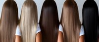 Five women with different natural hair color shades from blonde to black showing long straight hair from behind, wearing white t-shirts, beauty salon and hair care concept.