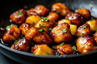 Glazed chicken pieces garnished with fresh chopped green onions on dark plate, close up view with steam rising, caramelized Asian-style sauce coating.