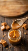 Wooden spoon dripping golden caramel sauce into glass jar surrounded by caramel candies on rustic wood background for dessert and confectionery recipes.